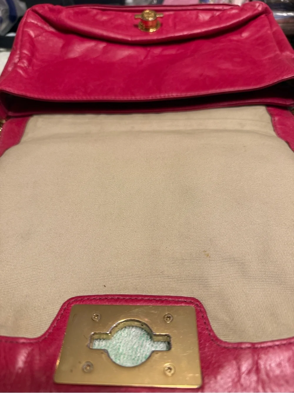 Vintage Tory Burch Fuchsia Distressed Leather Shoulder Bag with Gold Chain